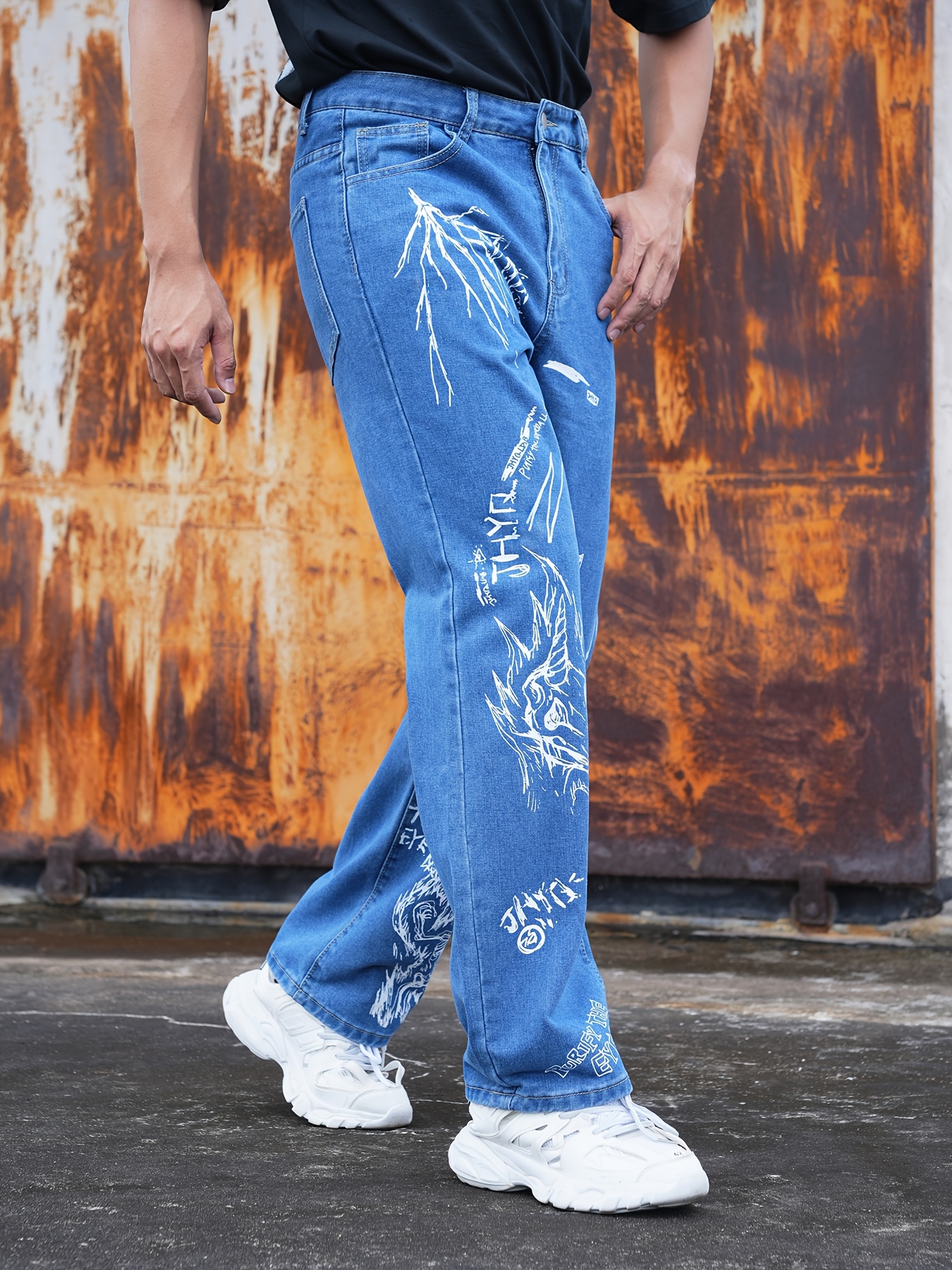 mens high end denim jeans blue graffiti print straight leg - Temu
