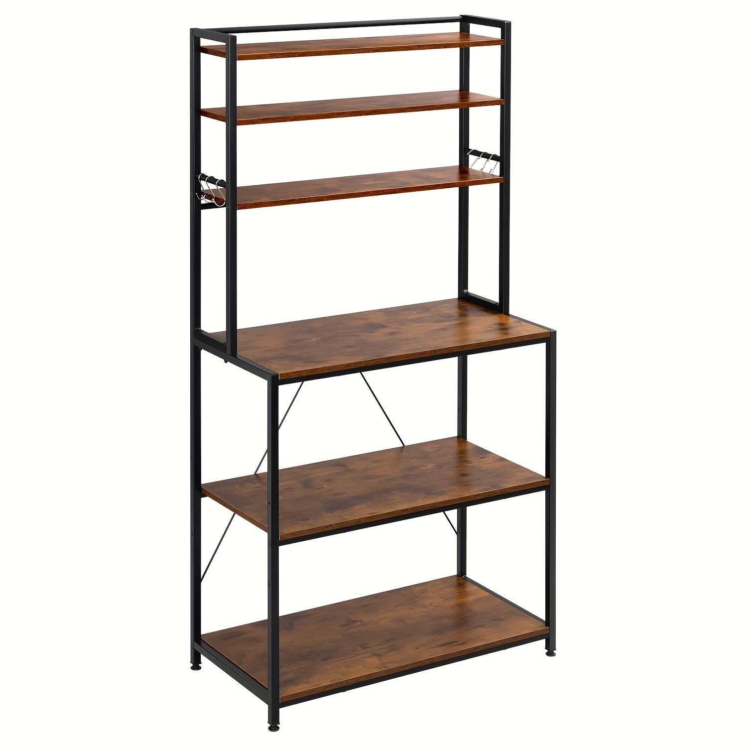 Image of 1pc Standing Storage Rack, Kitchen Shelf, Storage Shelf, 6 Shelves, 6 Hooks, Oven Rack With Adjustable Shelf, Metal Frame, Wooden Racks, For Kitchen, Living Room, 80 X 167 X 40 Cm, Rustic /oak Black