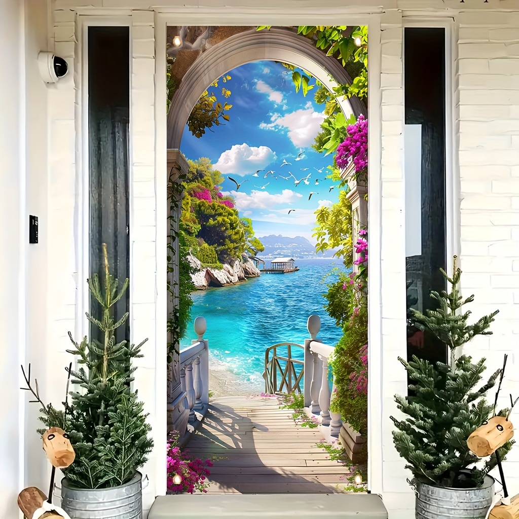 

Casual Style Vertical Oblong Door Poster Frame - Polyester Sea View Porch Banner 1pc, Graphic Hanging Seasonal Decoration For Room And Front Door Background, Christmas & New Year Party Decor