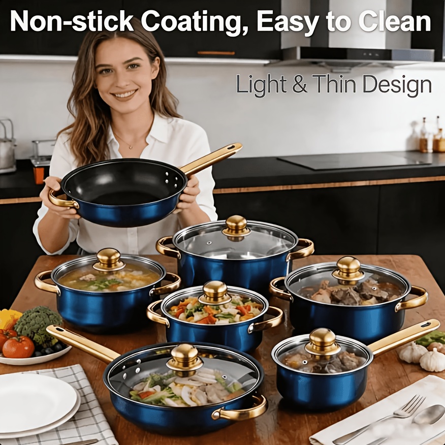 12 10pcs light and thin stainless steel cookware set with golden handles non   clean multi size pots and pans for induction gas ceramic stovetops durable and versatile for   and outdoor use
