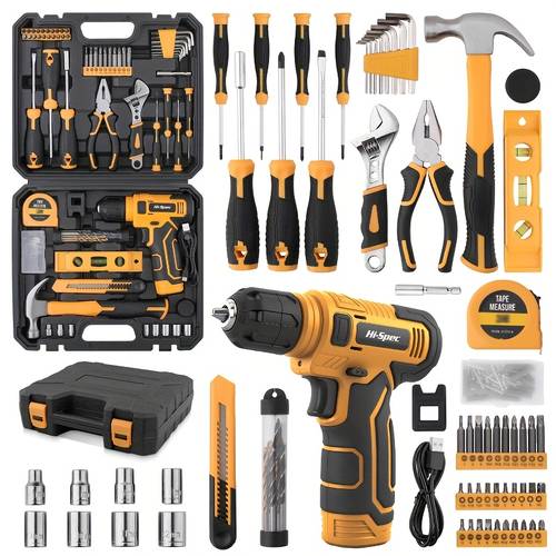 hi yellow 133pcs professional multifunctional tool usb rechargeable handheld screwdriver high carbon steel accessories pliers wrenches claw hammer bits portable case for diy dorm