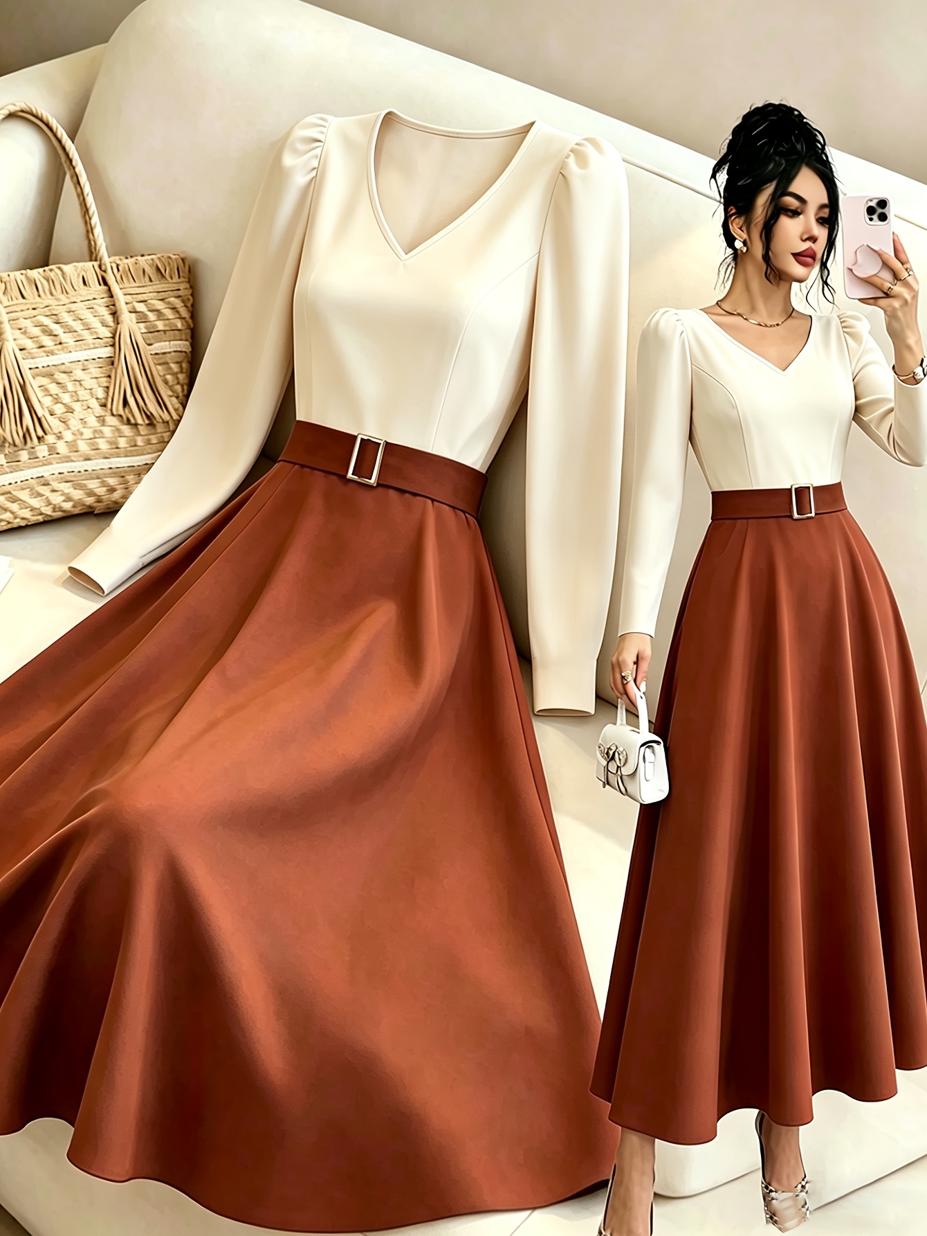 Womens Neck Color Block Long Sleeve Dress Featuring