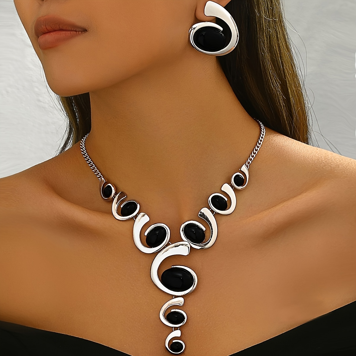 Spiral Rhinestone Y Necklace & Earrings Set