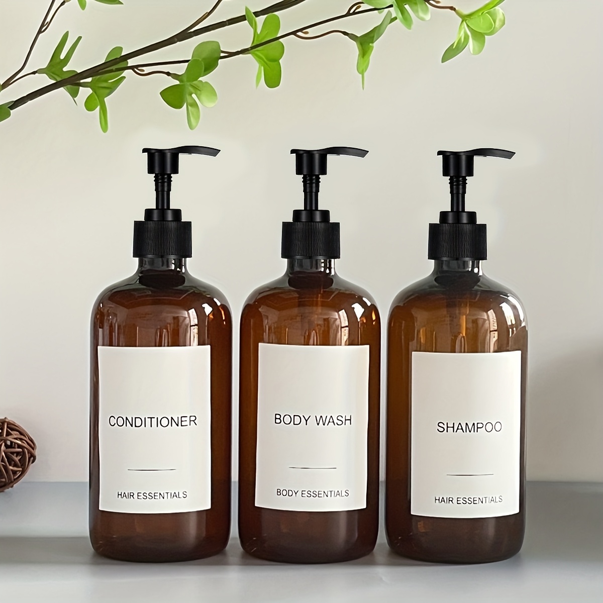 Image of Set Of 3 21oz Shampoo And Conditioner Containers - Contemporary Soap Bottles With Pumps And Labels - Convenient Body Wash Dispensers For Bathroom Decor Enhancement