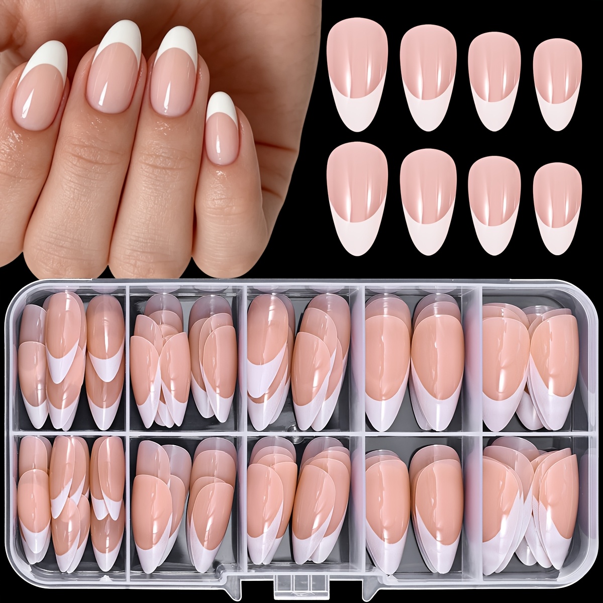 TEMU 120 stuks French Tip Press-On Nagels, Amandel Nude Roze Nepnagels met Witte French Tips, Glanzende Natuurlijke Nagels