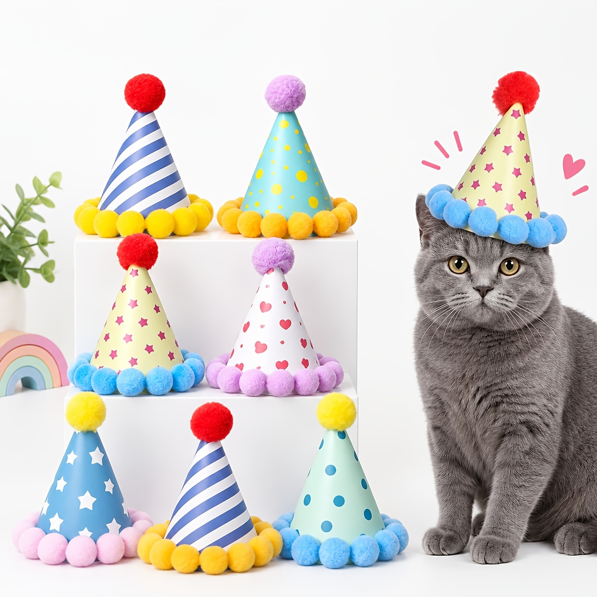 TEMU 8pcs Random Party Hats, For Plush Animal Party Hats With Pom-poms, Colorful Birthday Hats, Suitable For Plush, Cats, Dogs, Adults, And