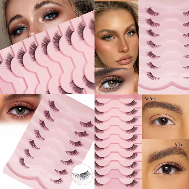 

7/10 Paires de -Cils Effet Œil de Chat - Ultra-Flatteurs en Fausse 3D, & Légers, Bande Transparente, Naturel, 10mm Courts - Réutilisables & Faciles à Appliquer pour un