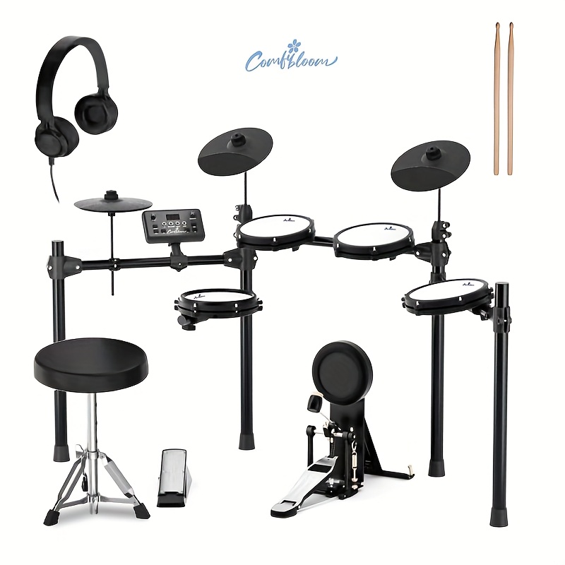 digital drum kit designed for   beginners and experienced players featuring mesh pads a drum throne headphones a stool sticks pedals and a     home practice and performances