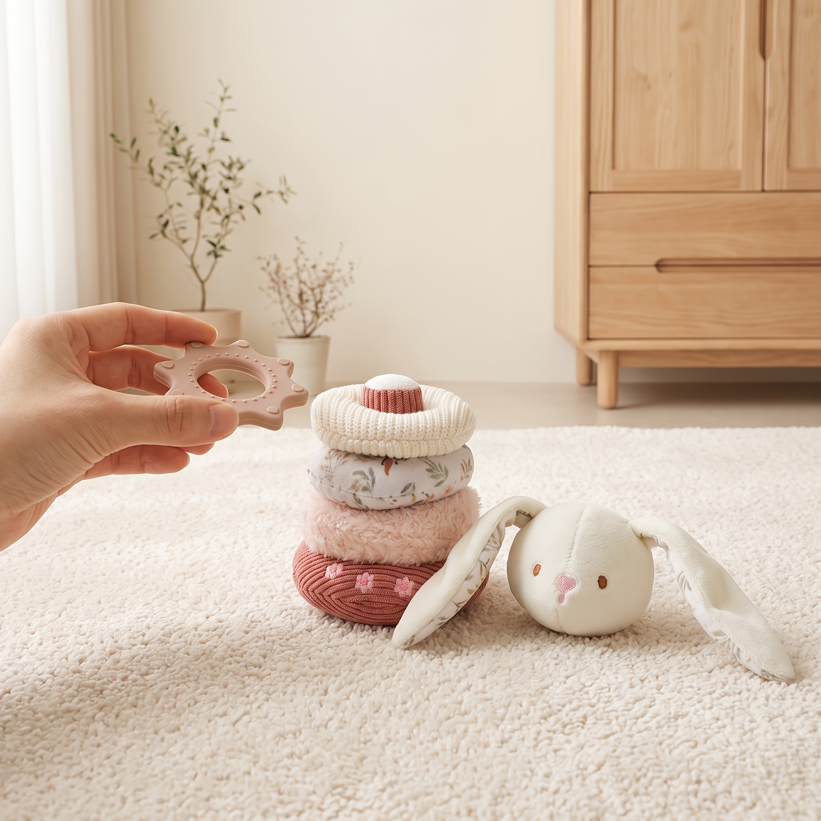 Baby's Long-Eared Stacking Toy, Multi-Functional Rabbit Interlocking Toy