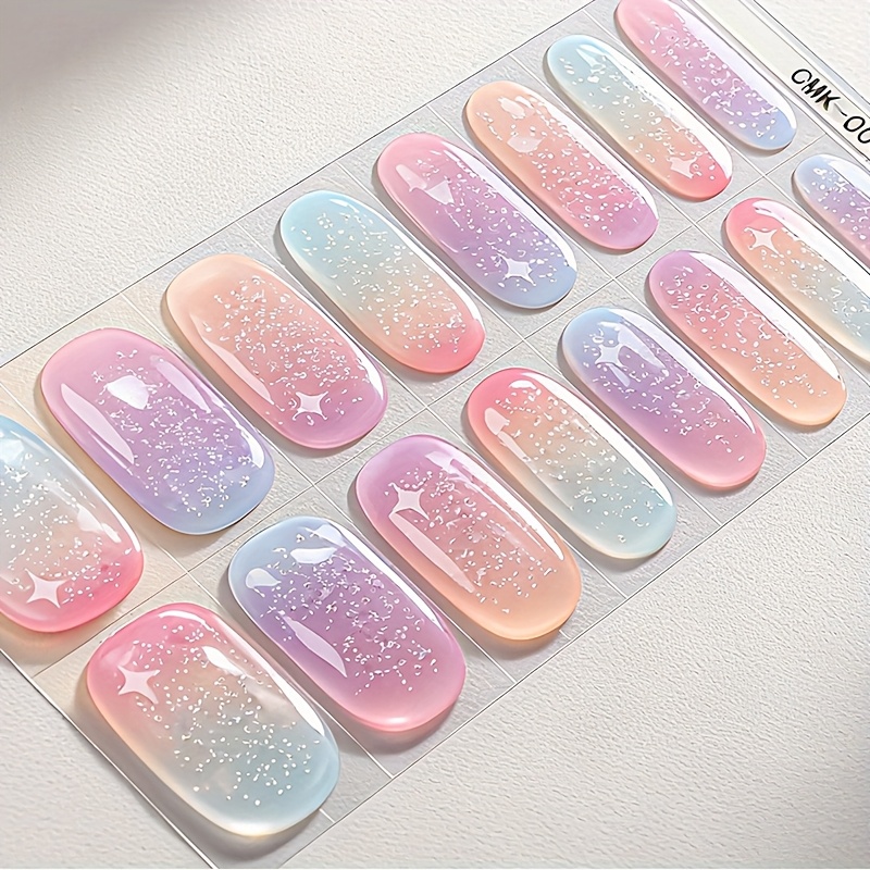 Set Of 16 Fingers Full Nail Wraps, Sweet Gradient Glitter Nail Stickers, Pink And Purple Gradient With Silvery Design, Ladies And Daily Party Diy Ideal Nail Supplies, Easy To Create A Nail