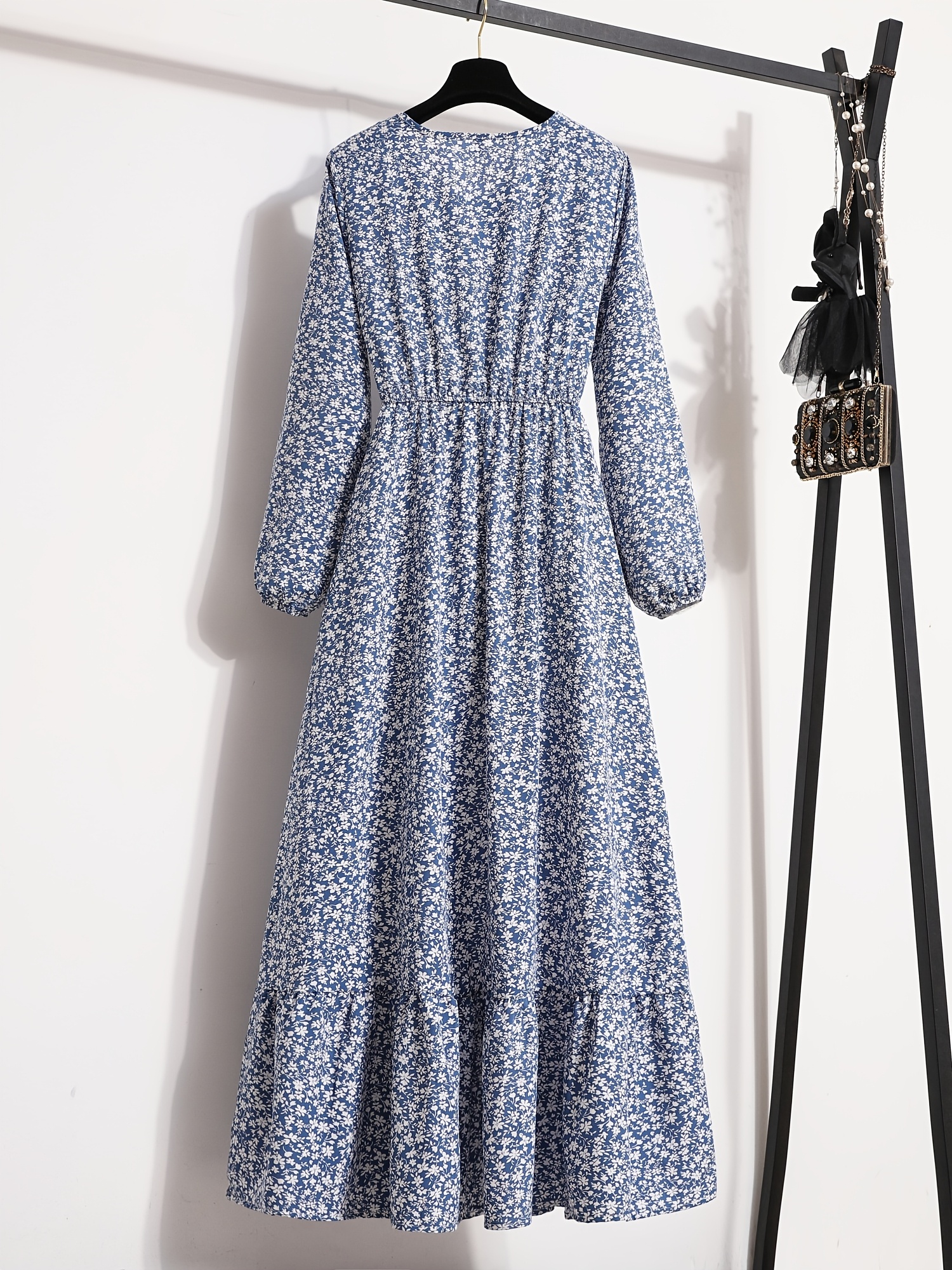 elegant floral print long sleeve maxi dress blue white - Temu Mauritius