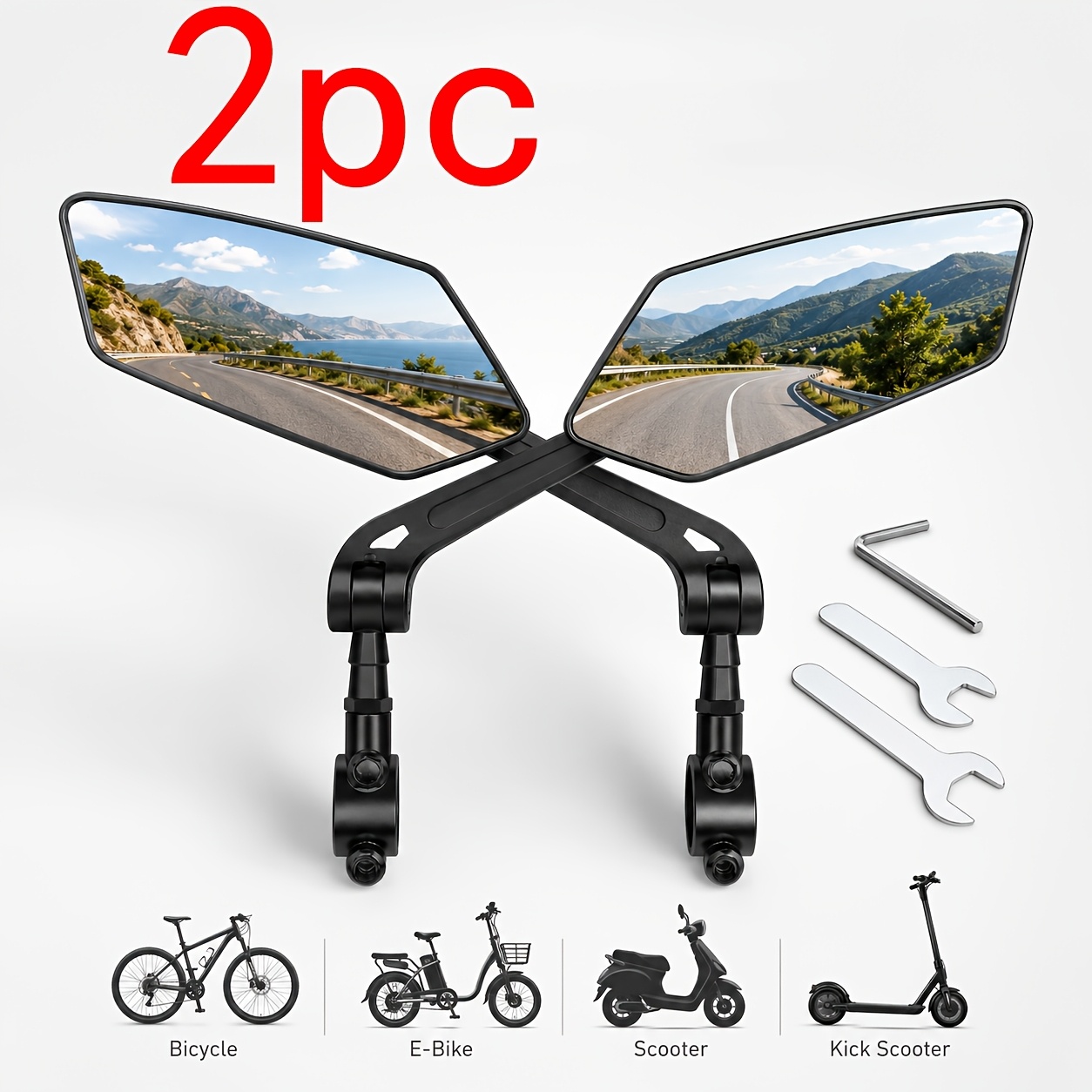 TEMU 2pcs Bike Rear View Mirror Set, Wide Angle Adjustable Handlebar Safety Mirrors With Visibility And 360° Viewing Angle, Stable Clamp Mount For