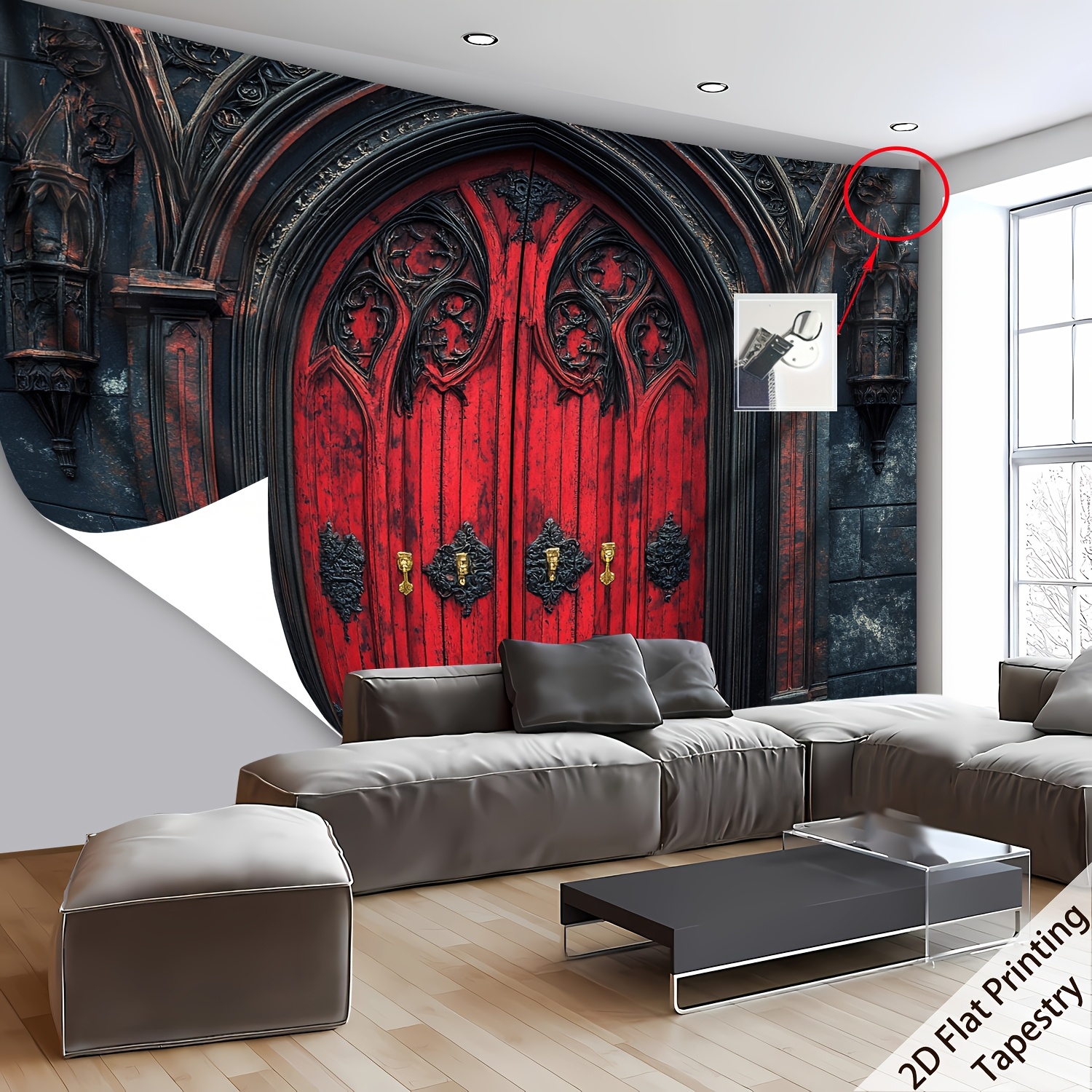 TEMU Tapisserie imprimée esthétique de porte rouge gothique 2D plate - 2D plate de grande taille, fabriquée en fibre de polyester, parfaite comme