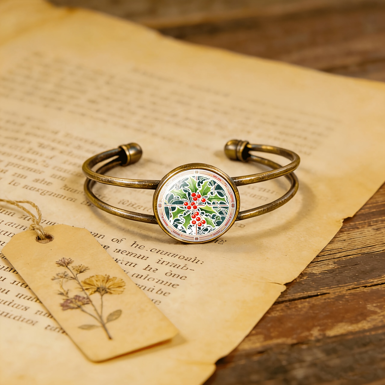Antique Cyan Double-Layer Adjustable Bracelet with Green Leaves