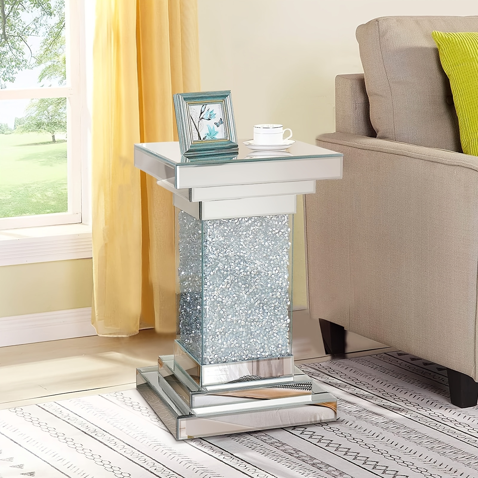 20-inch High Silvery Mirror Side Table, Square Crystal Inlaid Mirror Side Table, Mirror Coffee Table, Suitable For Office Reception Area.
