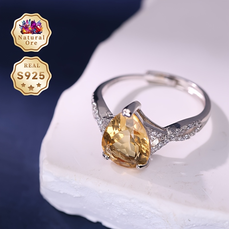 Women's Adjustable 925 Silver Ring with Yellow Natural Crystal