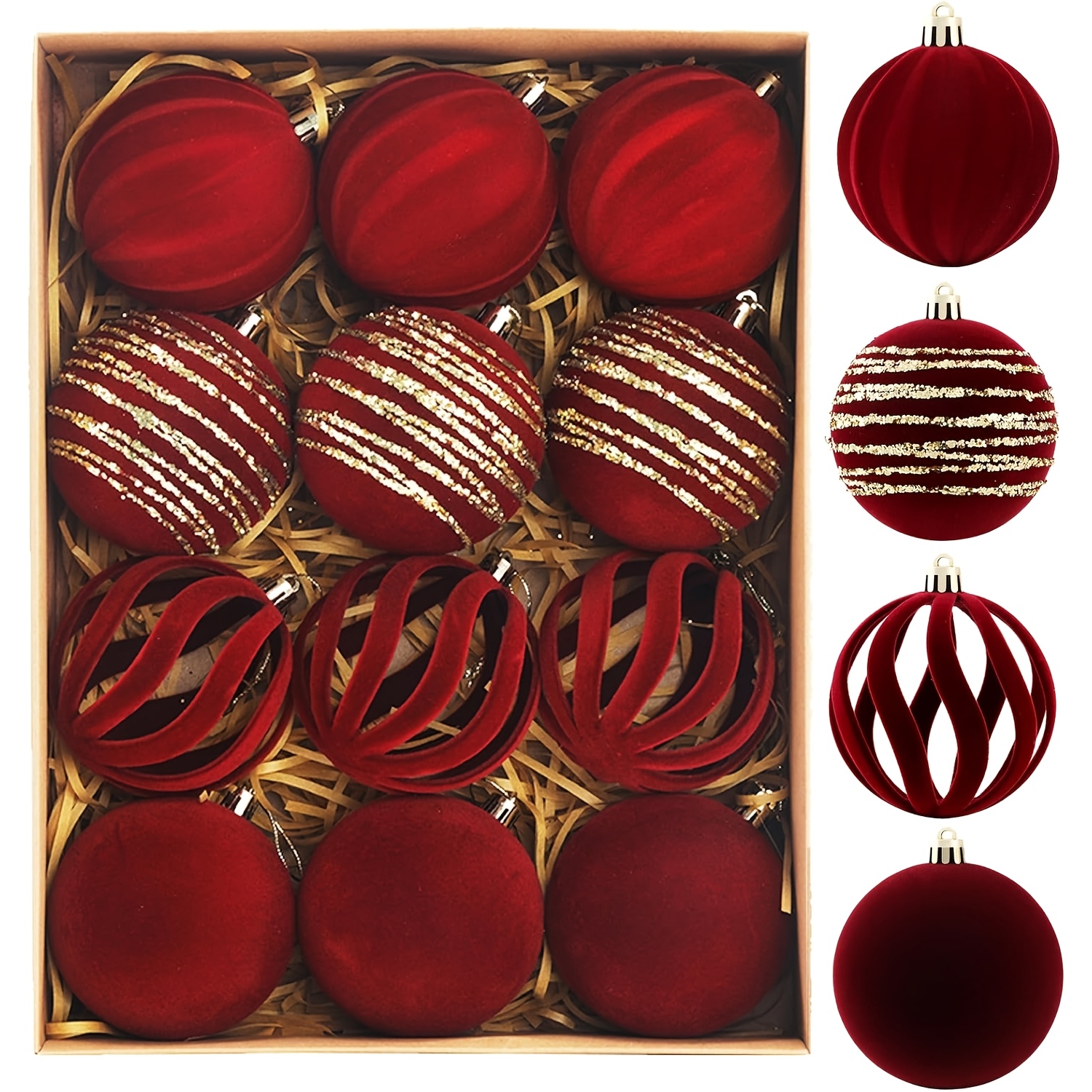 TEMU 12pcs 2.36in Christmas Ball Ornaments, Flocked Velvet Balls With Hand Painted Designs, Burgundy Elegant Christmas Tree Decorations