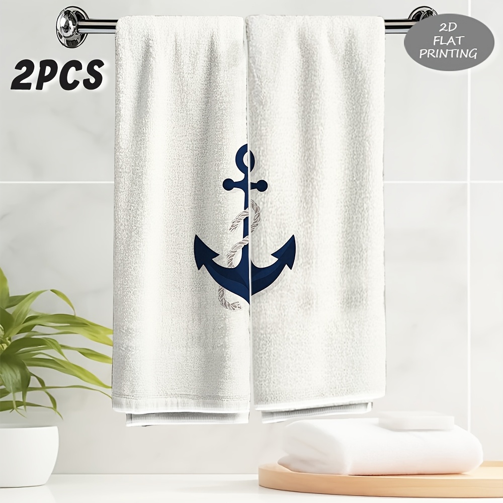 TEMU 2pcs Towel, 2d Flat Anchor-themed Printed Towel With Rope Detail, Exquisite Towel, Holiday Gift, Soft And Skin-friendly, Comfortable And