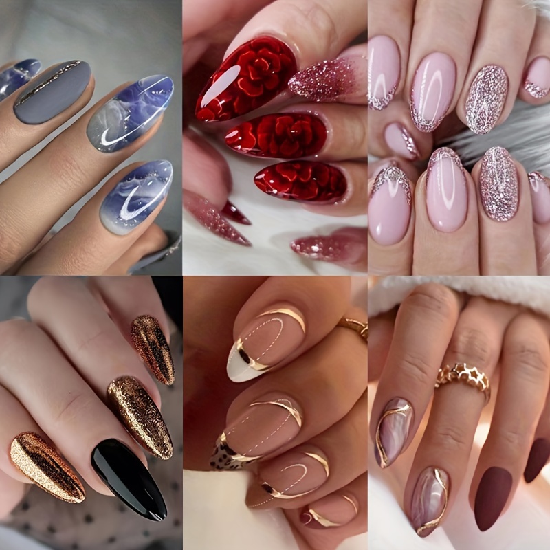 TEMU 144pcs (6 Pack) Red Flower Press On Nails Medium Almond Fake Nails Glitter False Nails Glossy Full Cover Stick On Nails Acrylic Reusable Floral