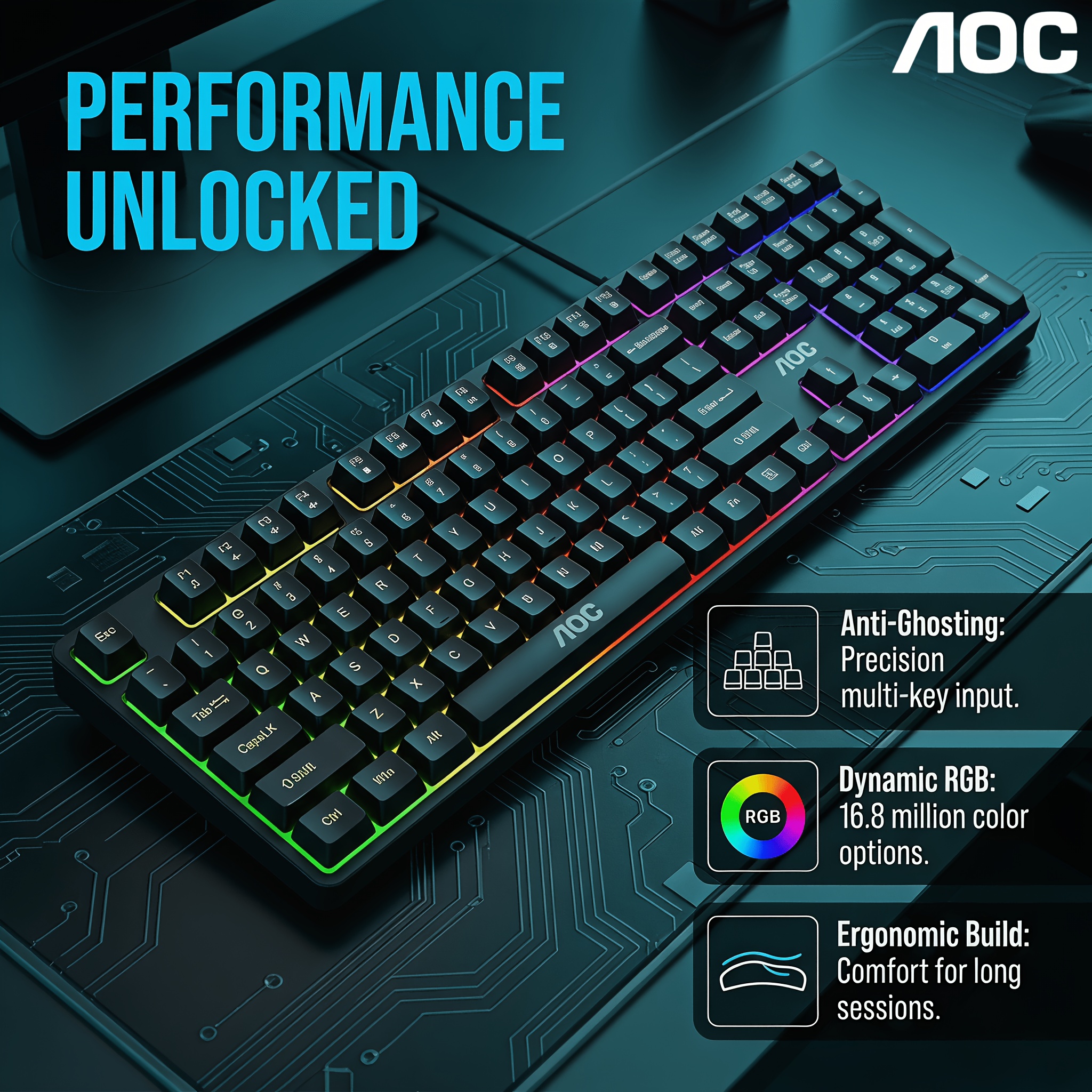 TEMU Gaming AOC, avec éclairage RGB dynamique, roulage 102 touches, ergonomique et construction résistante aux déversements ; compatible avec les