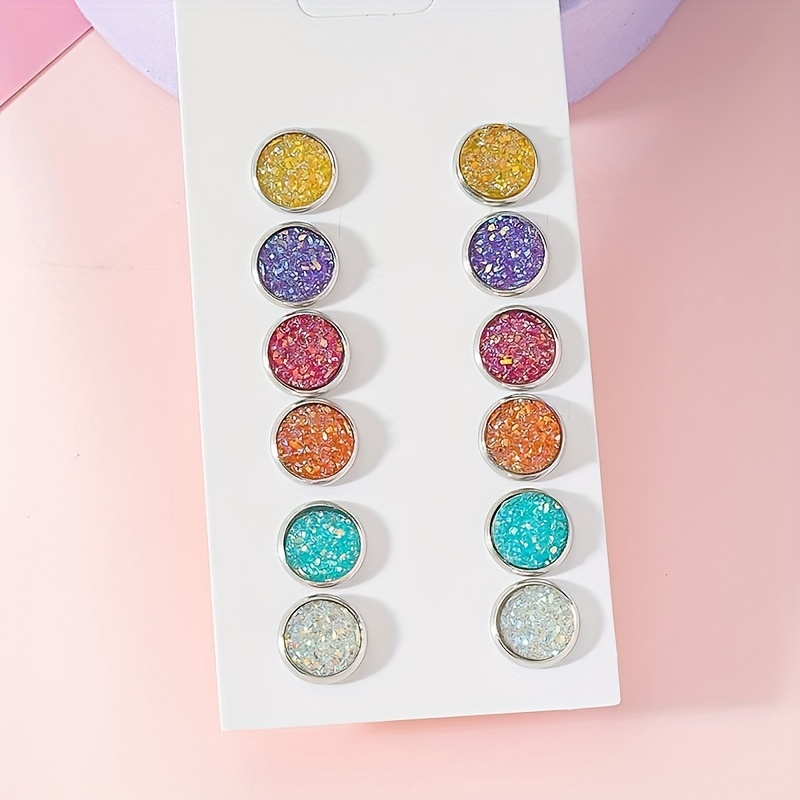 

6pairs/card Colorful Artificial Gemstone Inlaid Round Stud Earrings Resin Ear Jewelry Simple Style Earrings For Women