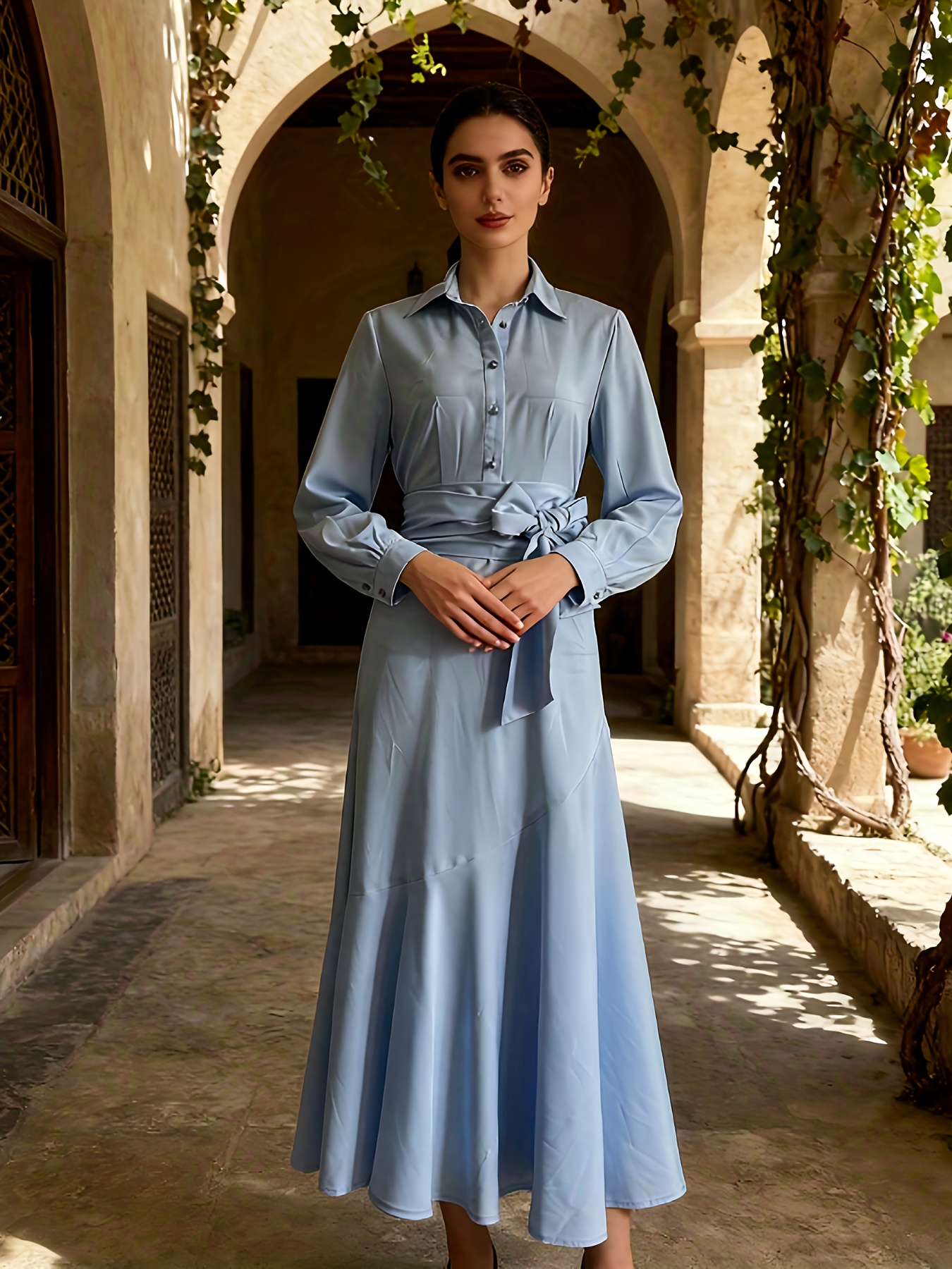 elegant blue maxi dress belt flowy loose fit long sleeve - Temu Mexico