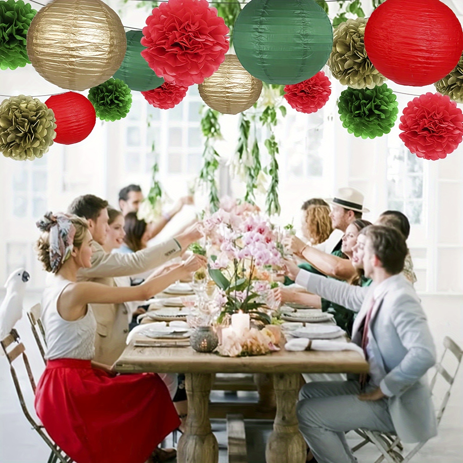 

15pcs Decor Set - Red, & Hanging Lanterns And Pom For Christmas, &