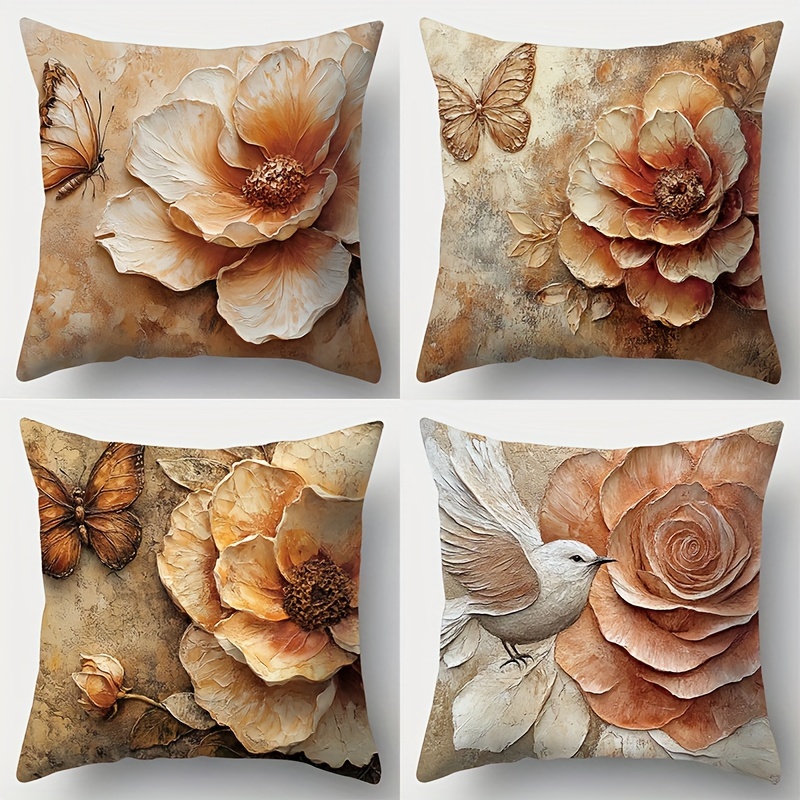 

4 Pieces Flowers And Throw Pillows - Contemporary Style, Soft And Comfortable Fabric, Printed Design, Zipper Closure, Suitable For Living Room Decor, 45cm X 45cm