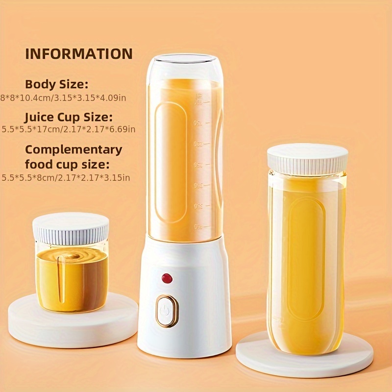 1pc portable usb rechargeable fruit juicer 15 22oz mini blender with dual cups 1 juicing 1 food cup detachable   button control food grade   stainless steel blades 1500mah lithium battery ideal for smoothies shakes   use details 0