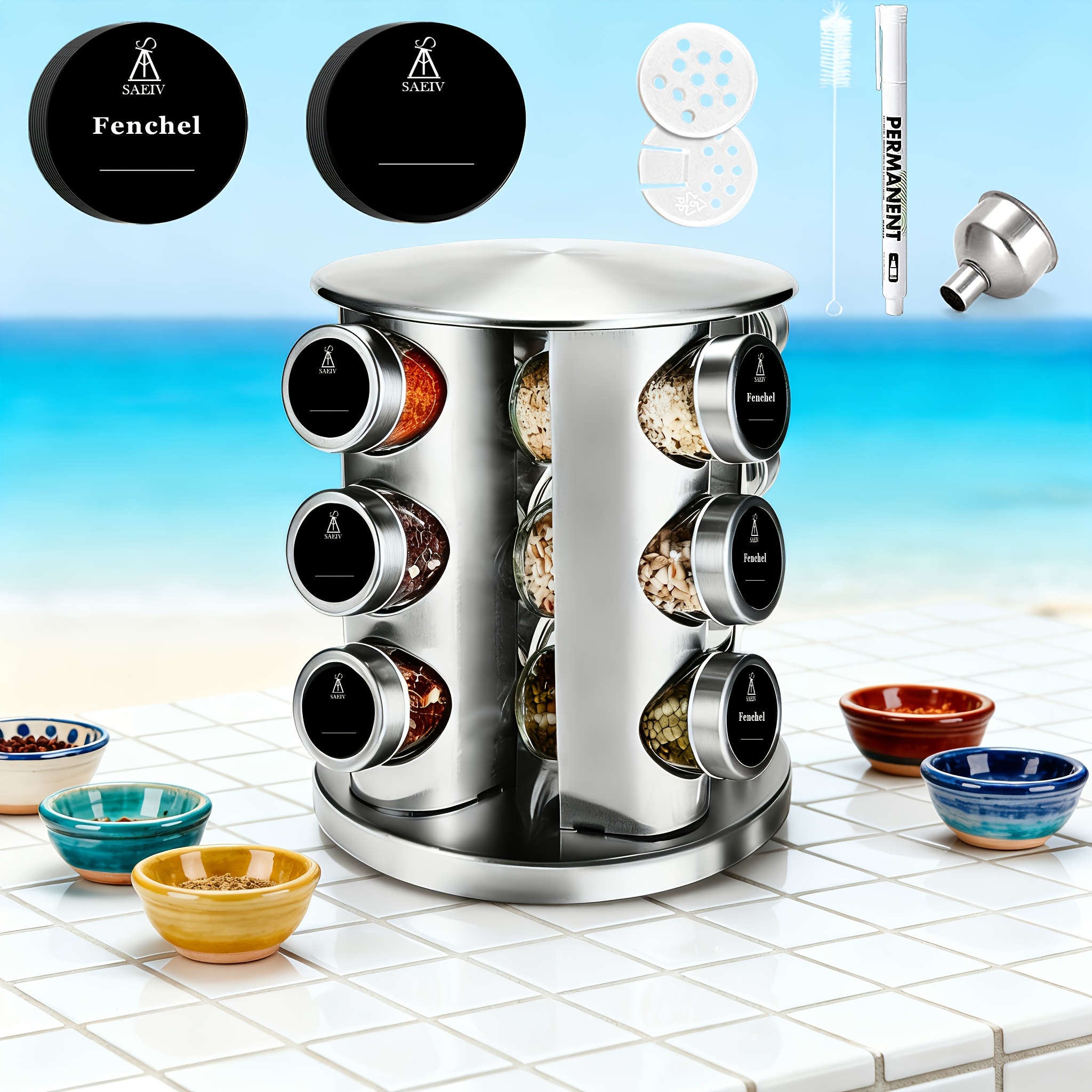 E-shop 360° drehbarer Gewürzständer | Drehbarer Gewürz-Organizer mit 12 100ml Gewürzgläsern | 3-stöckiges Gewürzregal mit Gewürzetiketten |