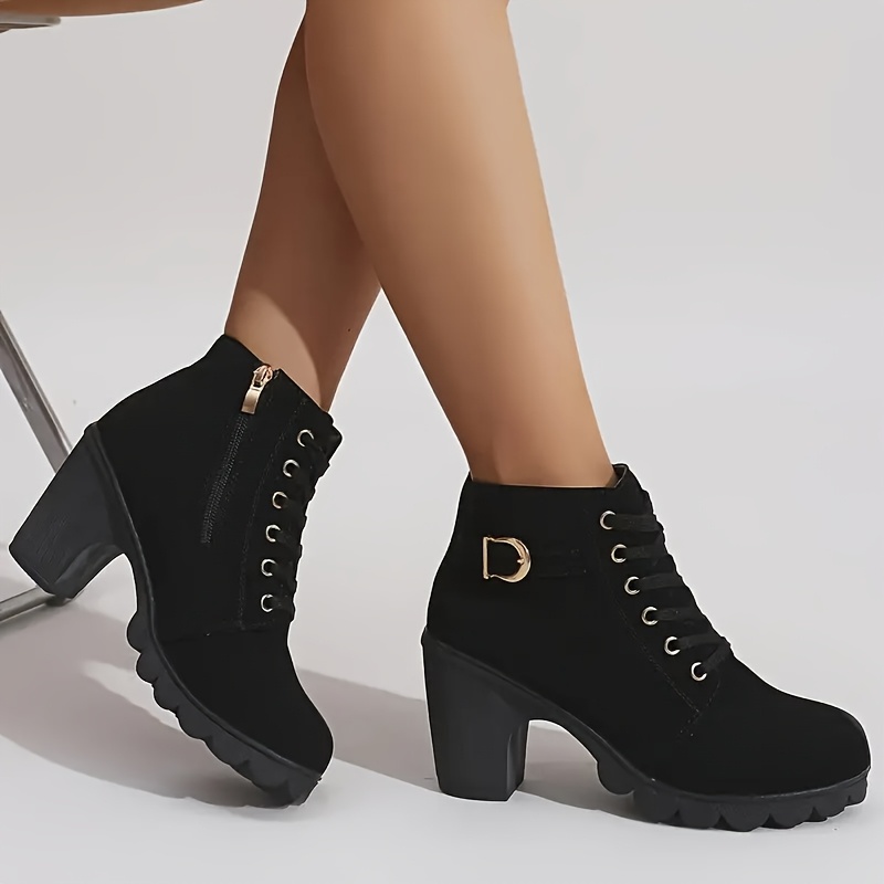 TEMU Women's Winter Warm Ankle Boots:boots For Women Thick Sole & High Heel - Black Pu, Side Zipper With Lace-up Detail, Plain Toe | Chic Everyday