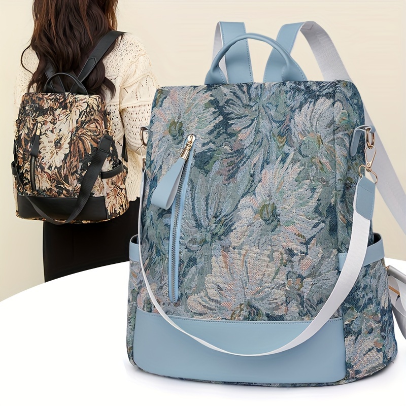 

Retro Oil Painting Flower Backpack Purse, Casual Two-way Shoulder Bag, Fashion Travel Schoolbag Daypack