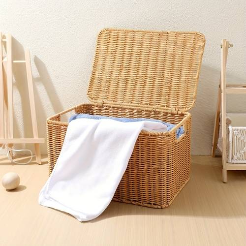 1pc hand woven imitation rattan storage box with lid wardrobe organizer vintage home decor easy to clean imitation rattan vintage storage basket suitable for bedroom living room bathroom shelf baskets