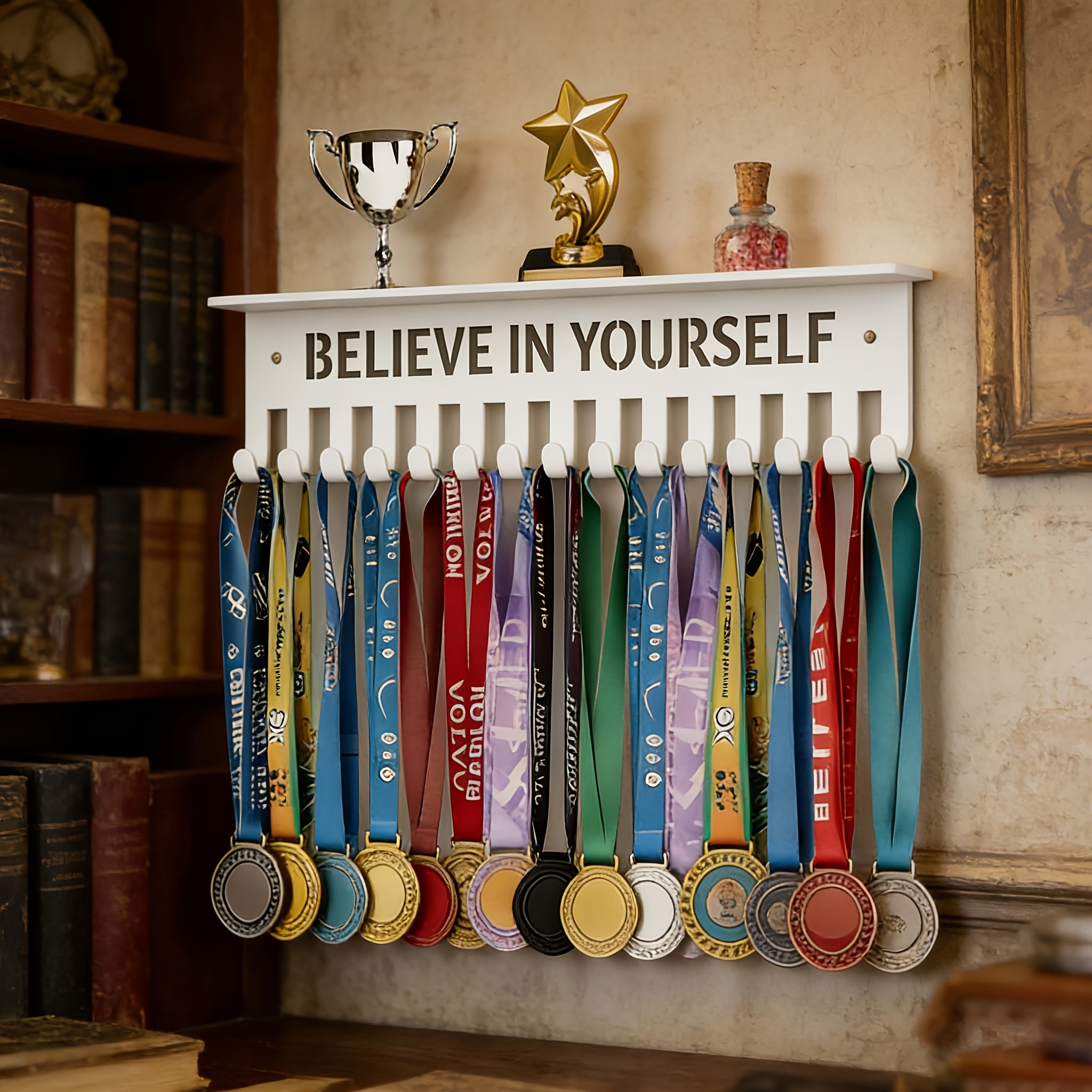 TEMU A White Metal Medal Hanger With A - An Inspirational Wall Decoration Saying 'believe In Yourself', A Sturdy Iron Medal Display Rack, Sports
