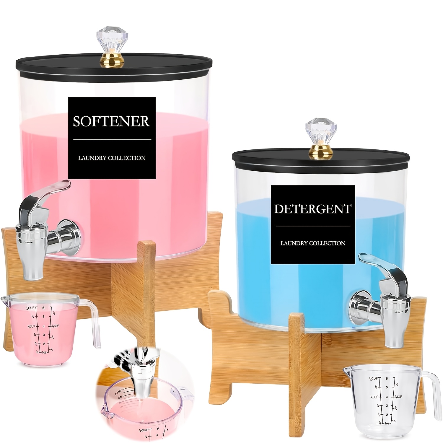 E-shop 1/2 Pack Waschmittel-Spenderset, große Flüssigwaschmittel-Spender mit Ständern, Acryl-Waschmittelbehälter, Waschküchen-Organisation