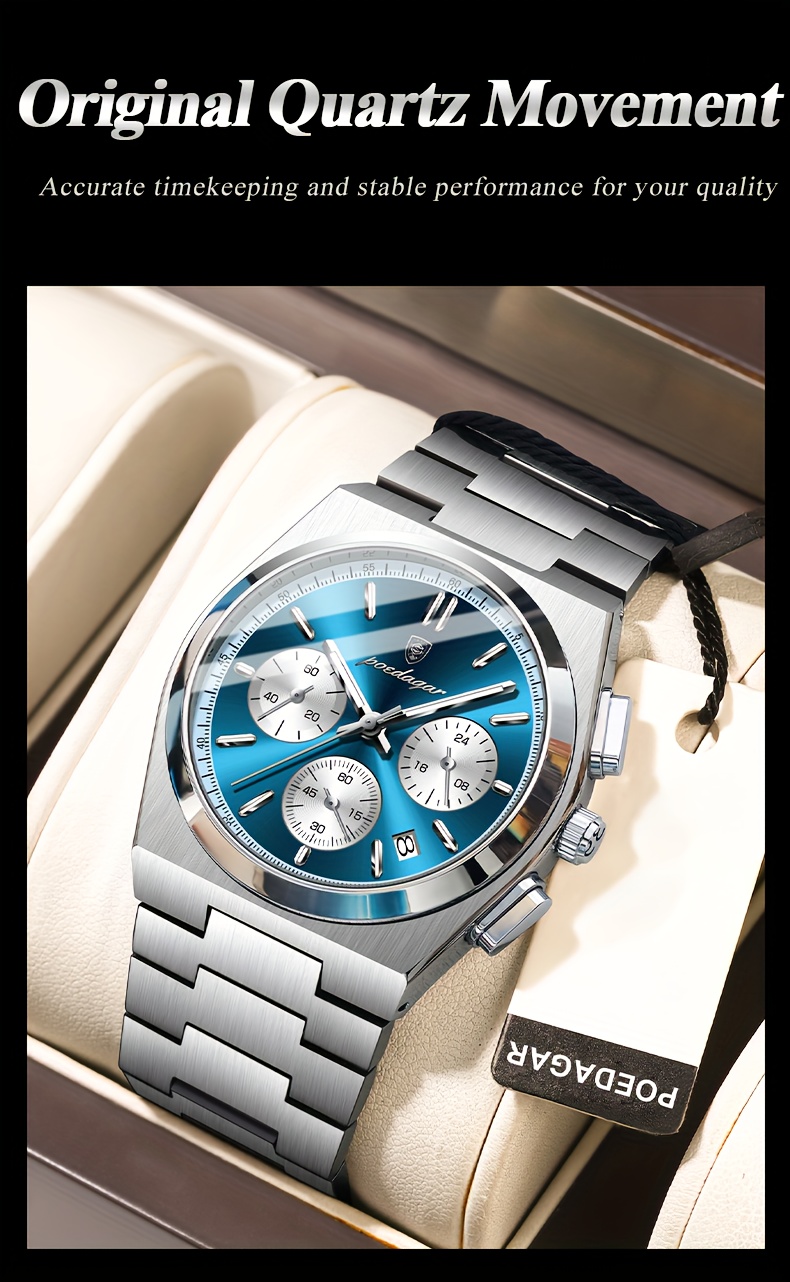 high end business luxury stainless steel quartz watch mens waterproof luminous calendar chronograph wristwatch details 5
