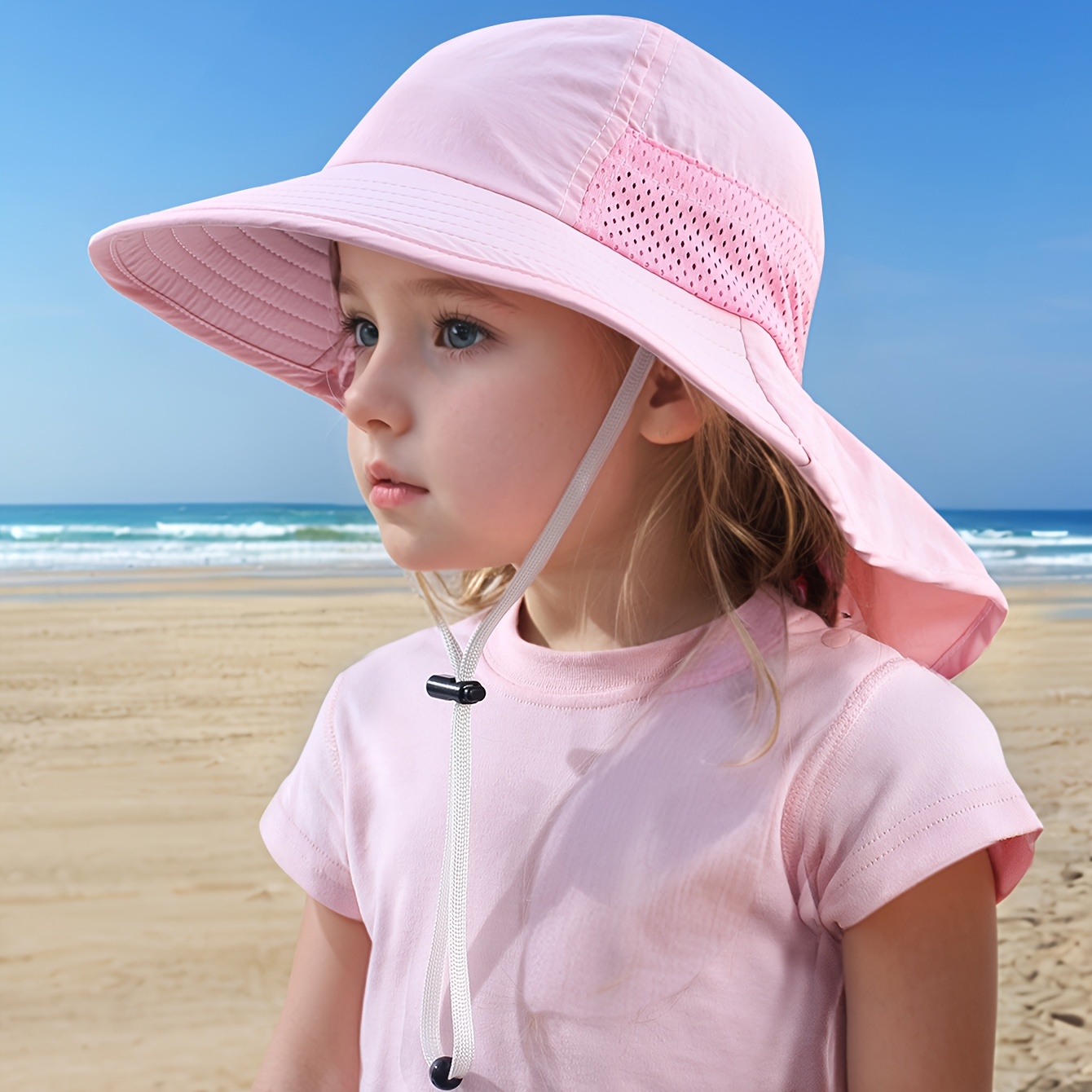 Children's Outdoor Wide-brim Neck-protection Hat, Breathable Mesh Hat With Windproof Cord, Hat