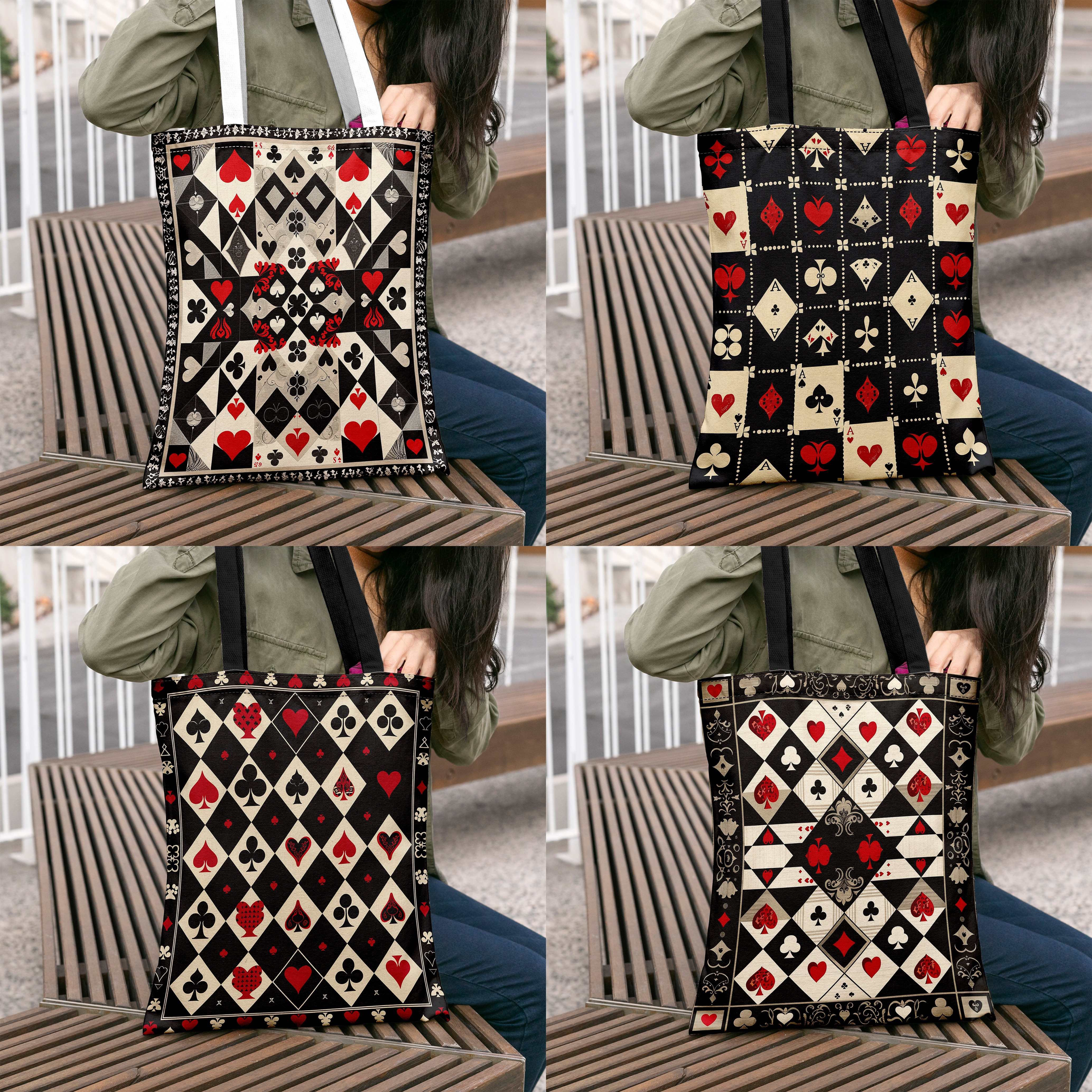 

Stylish Geometric Playing Card Theme Pattern Canvas Tote Bag, Large Capacity Shopping Bag, Portable Casual Handbag, Perfect For Everday Use