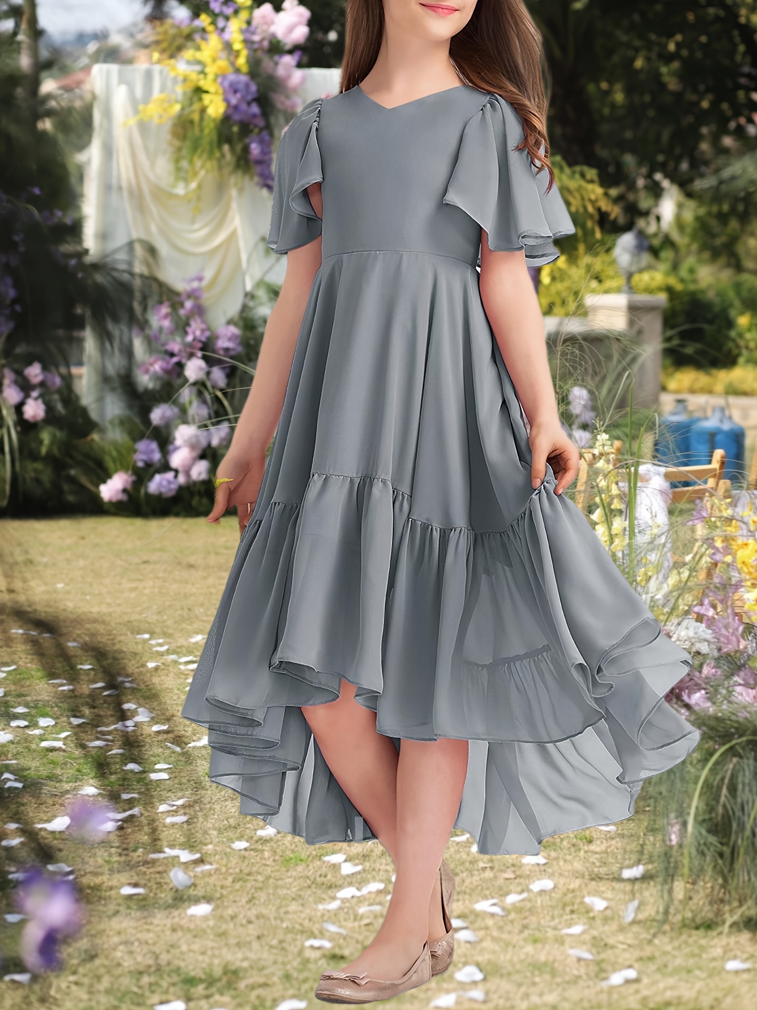 girls junior bridesmaid dress v neck ruffle short sleeve high low formal maxi dress a line flowy party outfit for girls 4 14y Product details 7