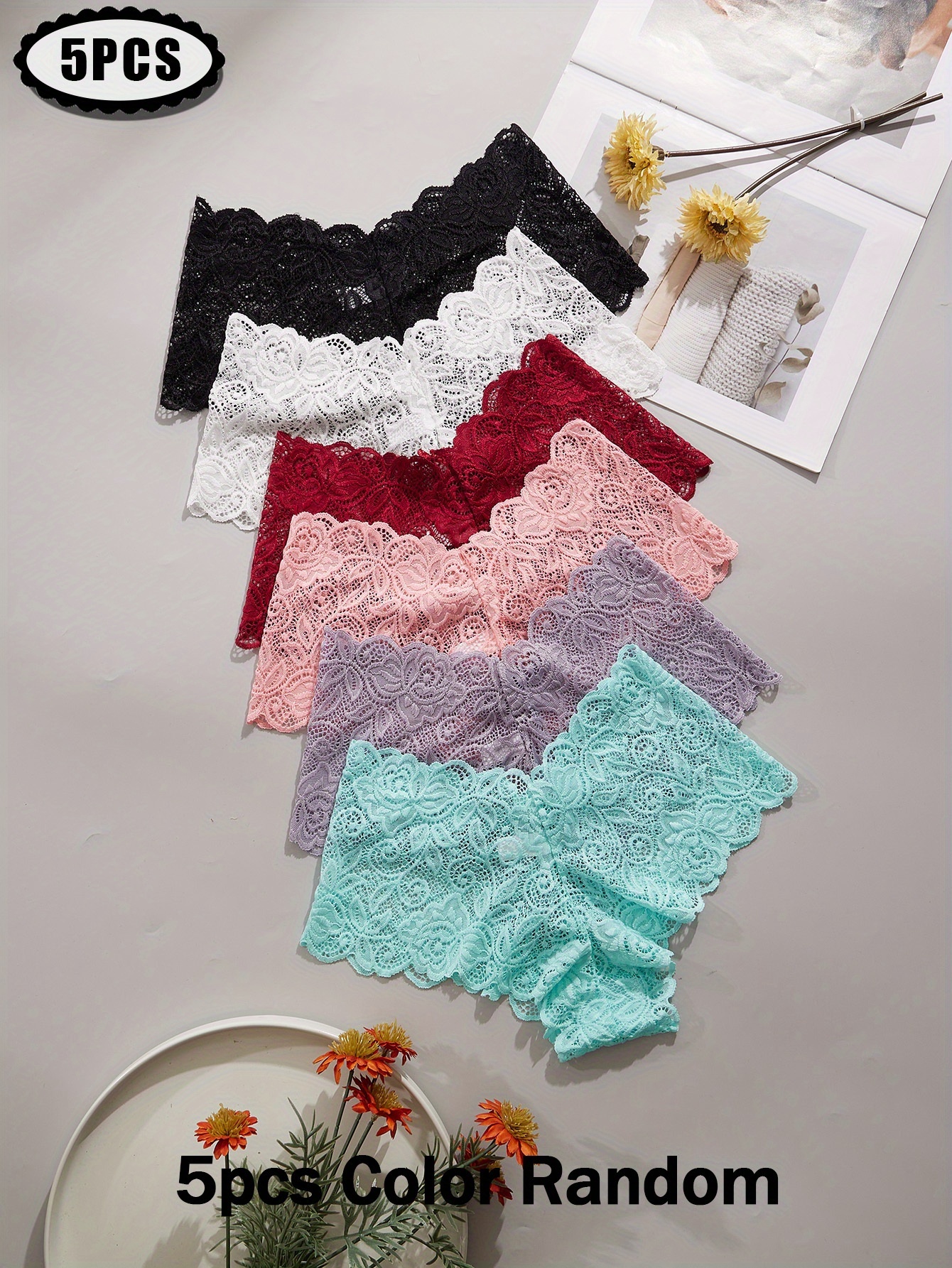 5pcs of Randomly Colored Women'S Low-Rise Lace Panties, Comfortable And Romantic, Perfect for Holiday Parties And Triangle Cut.