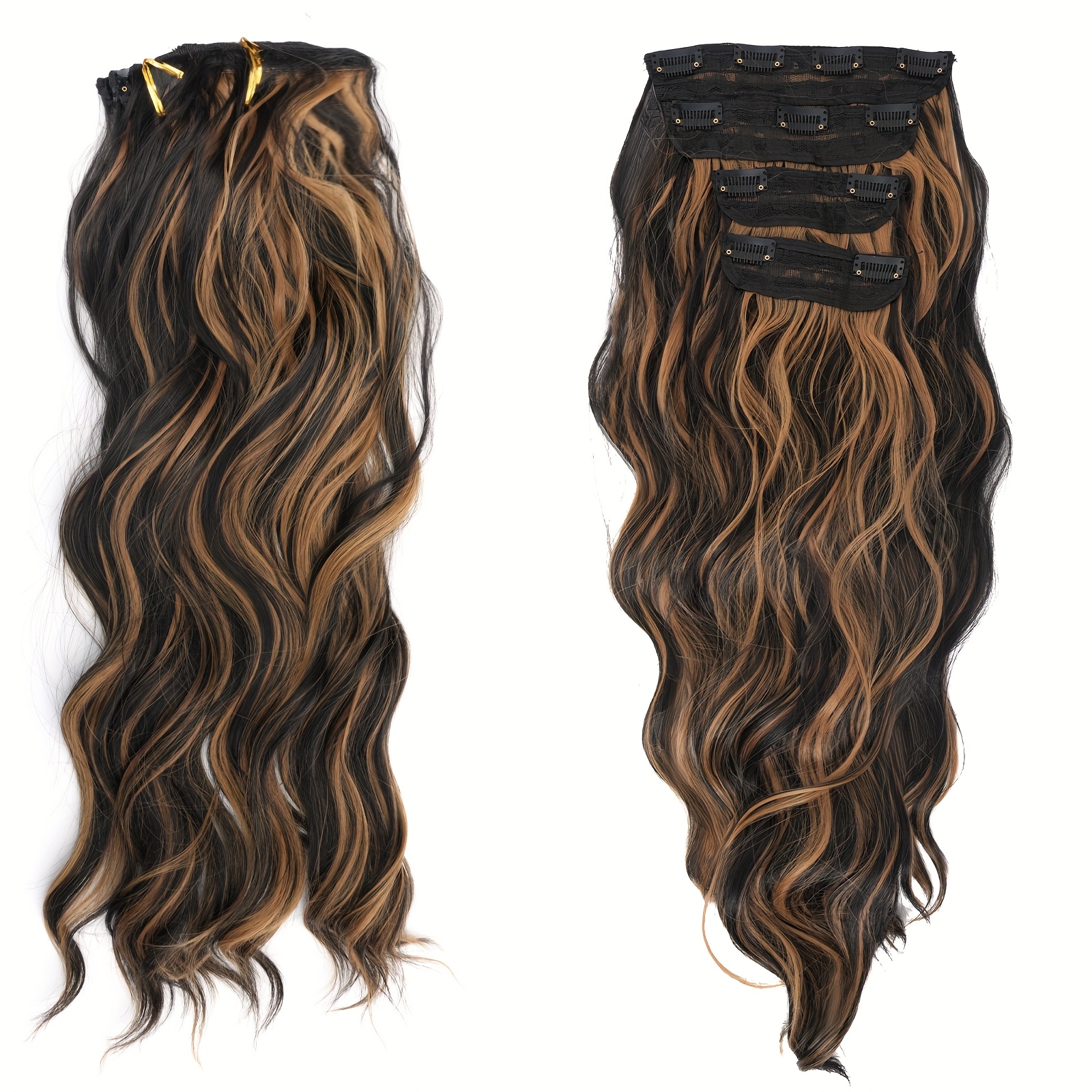 4pcs   clip in hair extensions 20 inch long wavy dark brown with golden highlights thick heat resistant synthetic hairpieces with 2 bb clips storage bag for women all   details 5