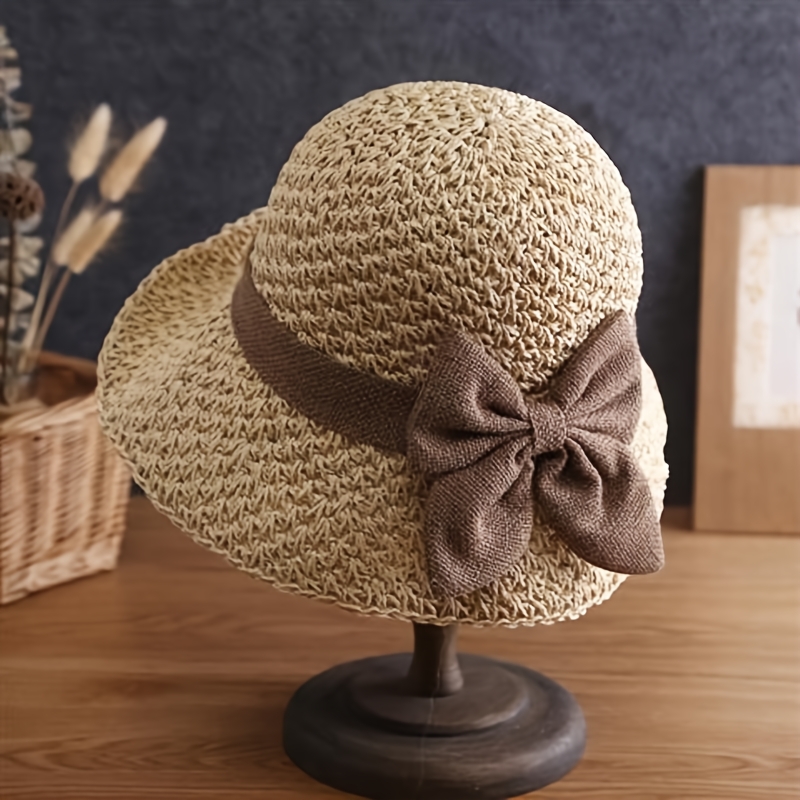TEMU Elegant Straw Sun Hat With Bow, Wide Brim Foldable & Breathable Sun Hat, Stylish Handmade Straw Hat For Women