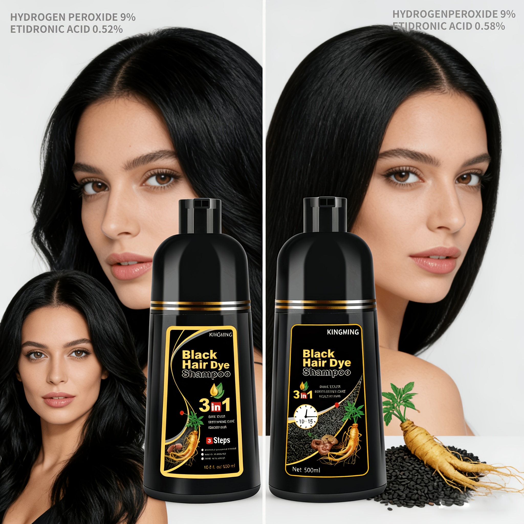 Herbal Extract Rapid Black Hair Dye Shampoo 2pcs | Ginseng, Ginger And Polygonum Multiflorum Formula, Fast Coloring, Scalp-friendly And Long-wearing 3-in-1 Hair Dye Shampoo | Shade, , Scalp And Hair