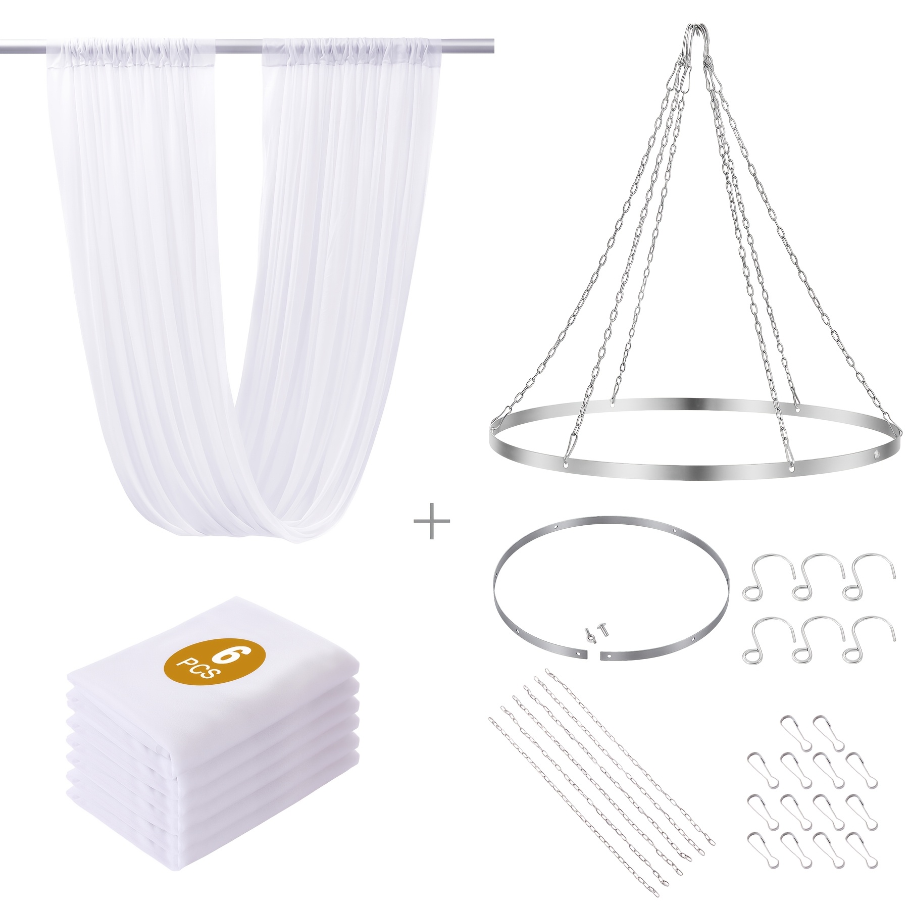 Image of 1 12*24-inch Ceiling Ring And 6 30*118-inch Chiffon Ceiling Background Cloth. A Total Of 7 Sets. Easy To Assemble, A Luxurious And Atmosphere. Suitable For Hotel Lobbies And Wedding Celebrations.