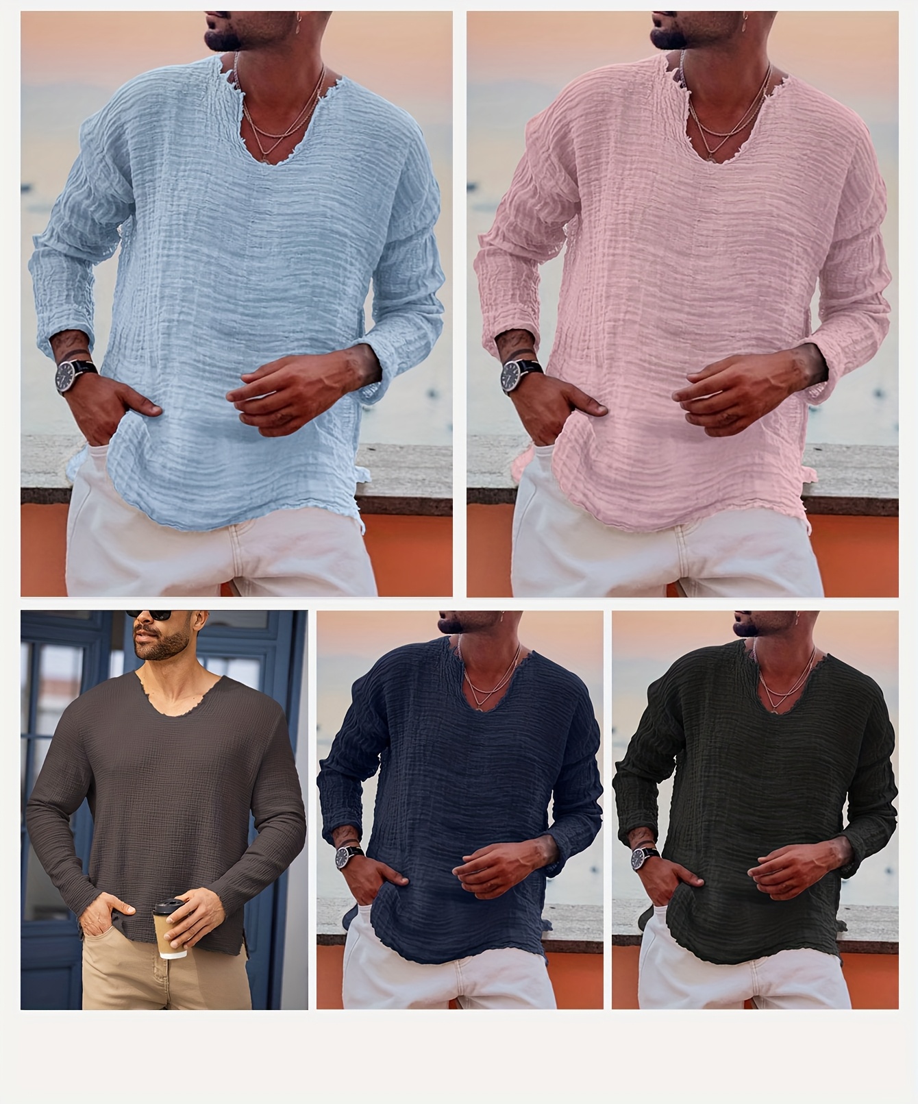 Men's Mid-Length Sleeve T-Shirt with V-Neck, Distressed Style Casual Summer Beach Vacation Top