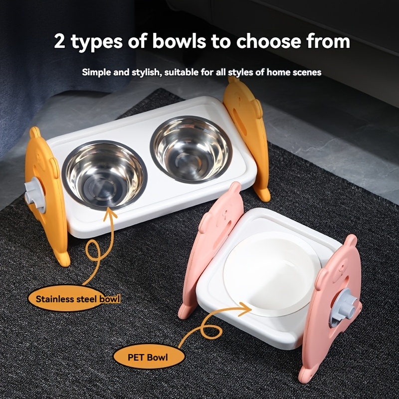 

Adjustable Height Dual Bowl Pet Feeder, Stainless Steel Bowls, Plastic Frame, Neck Protection Design, For Cats And Small Dogs, Suitable For