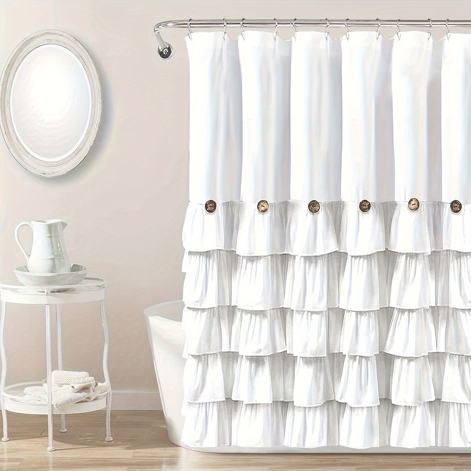 TEMU 1pc White Natural Button Pleated Shower Curtain, Pure Polyester Washable Curtain, 72