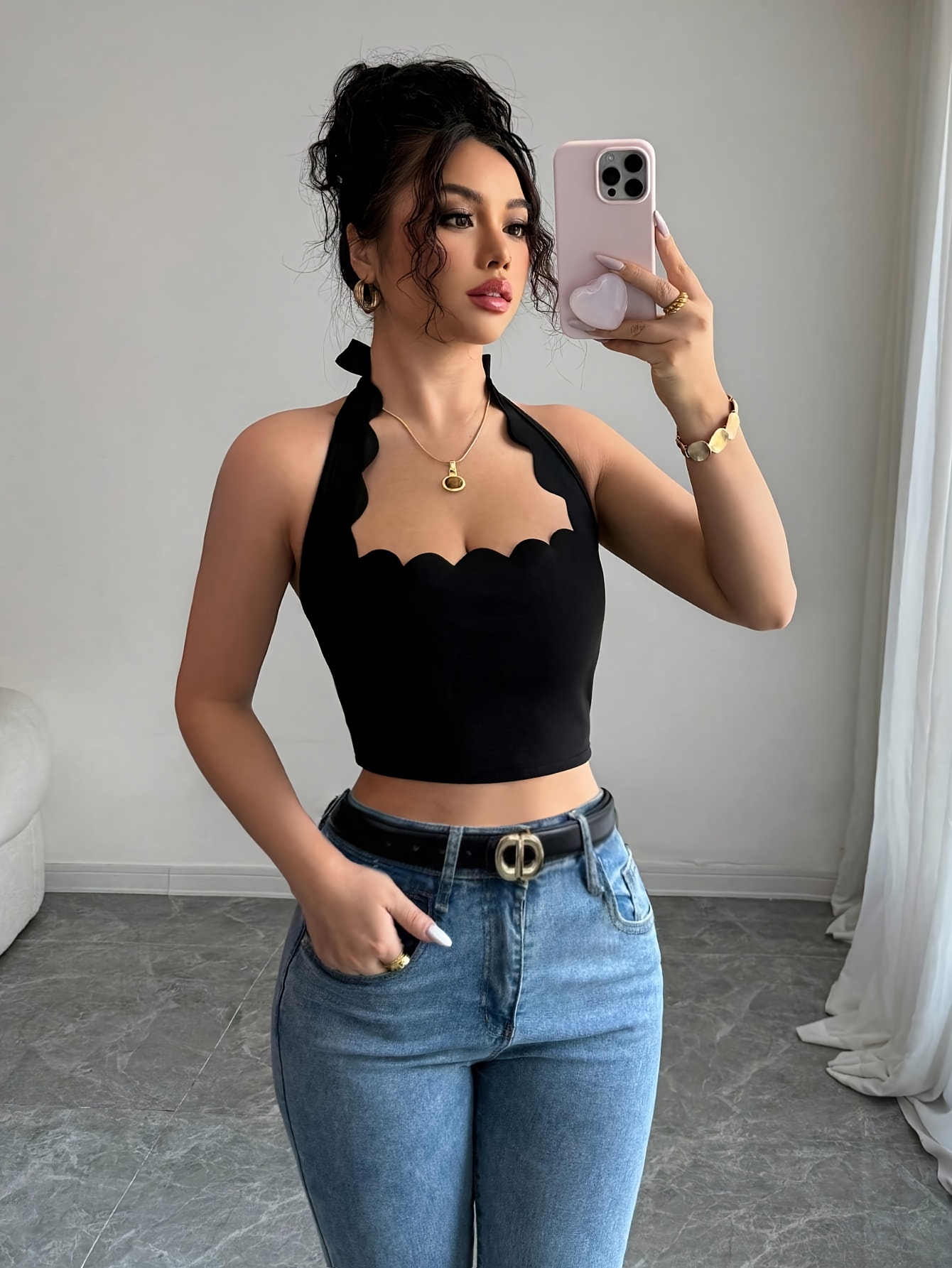 Women's Sleeveless Ribbed Halter Crop Top - Ruched Keyhole Design, Black
