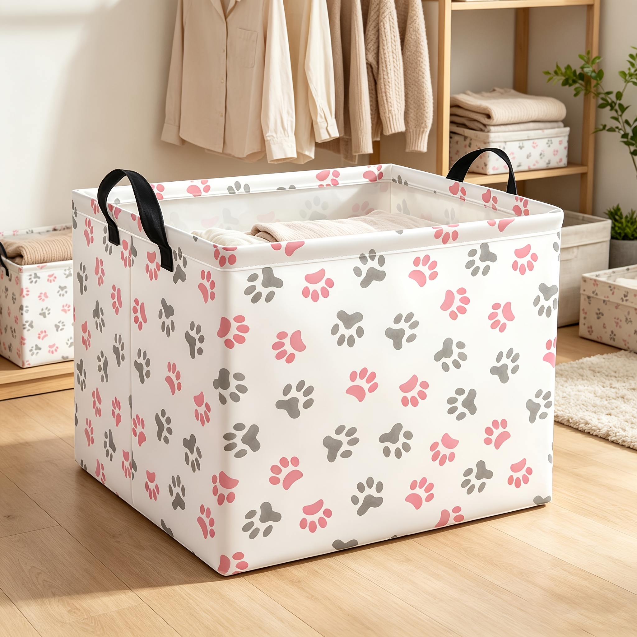TEMU 1pc, Pink-gray Paw Print Storage Basket With Handles, Foldable Fabric Pet Supply Organizer, Suitable For Home Wardrobes, Laundry Rooms, And