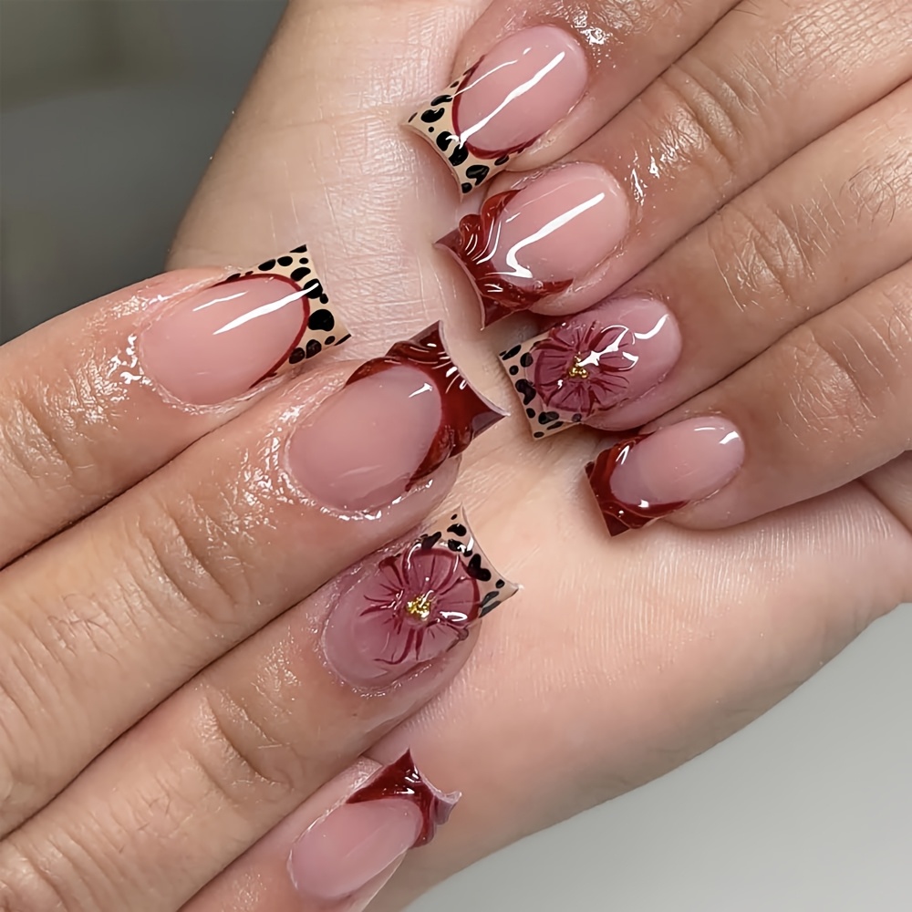 TEMU 24pcs Wine Red French 3d Corrugated Embossed Nail Press, Floral Leopard -dimensional Corrugated , Nail , With Nail Tools Included, For Women